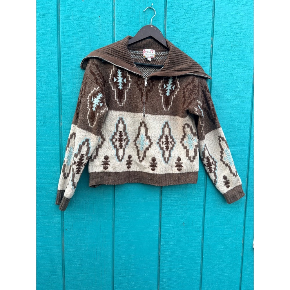 Cosby‎ Style South Western Saddleback Quarter Zip Sweater Cowichan Style Brown S